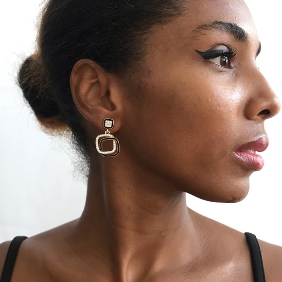 Gold-Tone Black Enamel Glass Stone Drop Earrings - Picture 9 of 13